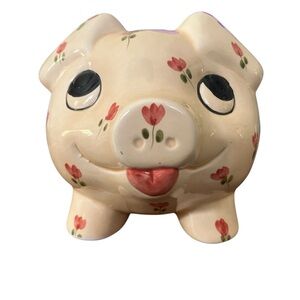 Piggy bank porcelain vintage pink flowers
